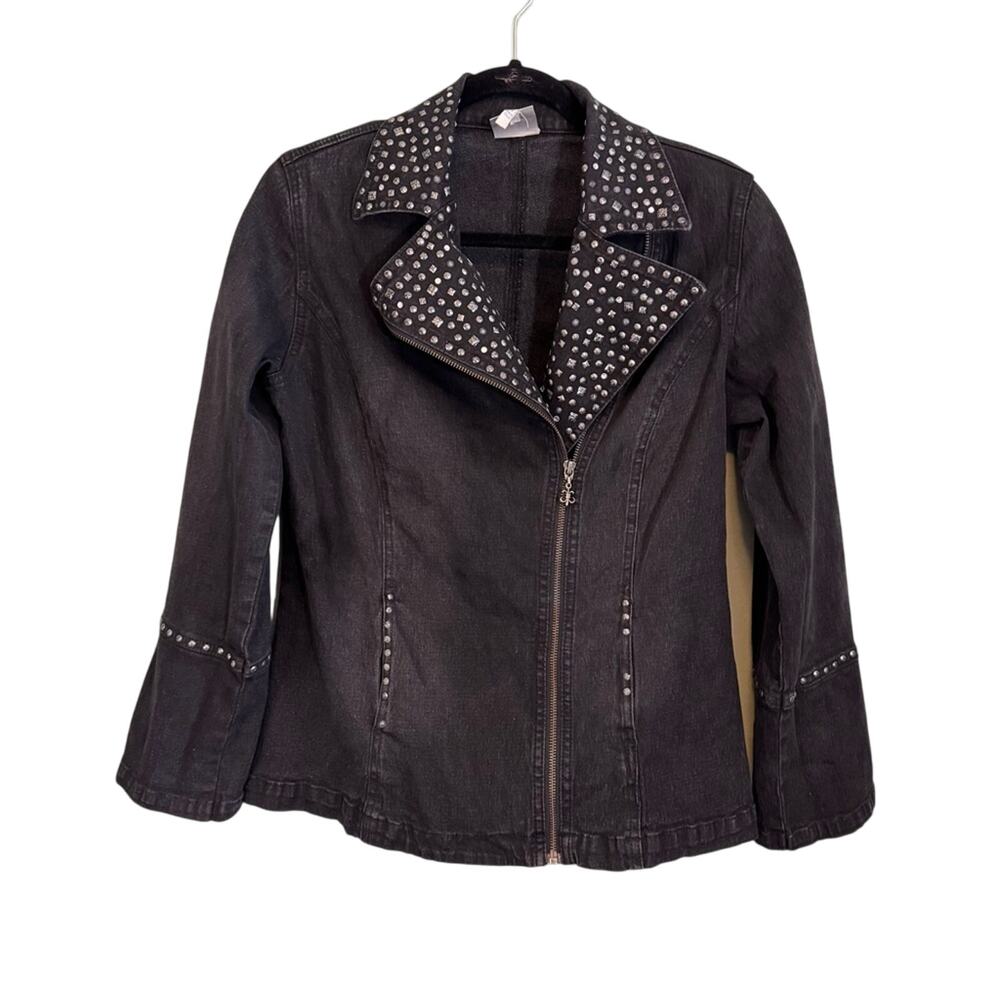 DG2 By Diane Gilman Jacket Womens XS‎ Black Stretch Studded Full Zip Pockets